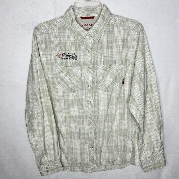 Simms COR3 Pearl Snap Vented Fishing Shirt Men's Large Green Gray Plaid L/S Logo - Picture 1 of 10
